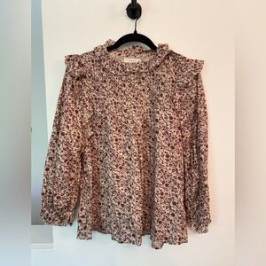 Doen Burgundy and Cream Floral Blouse Sz Small
